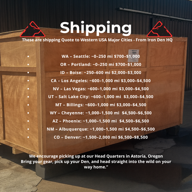 Iron Den Overland shipping box showing estimated delivery costs for campers to western United States cities
